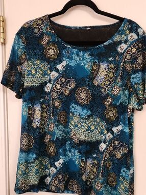 Printed Teal Paisley Short Sleeve Scoop Neck Blouse